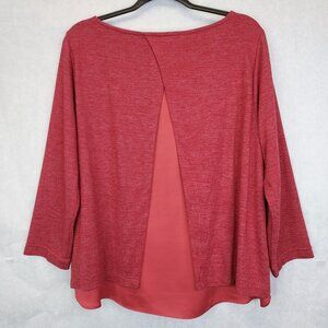 Lands' End Split Back Blouse Women's L Red Knit Long Sleeve Layered Boho Fairy